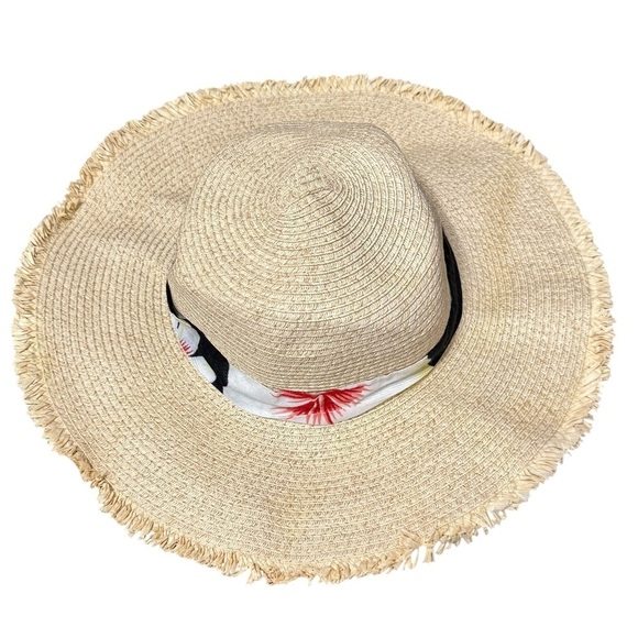 KENDALL + KYLIE Paper Straw Frayed Edge Floral Print Banded Floppy Sun Hat - Picture 1 of 4